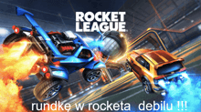 a poster for rocket league shows a blue and orange car