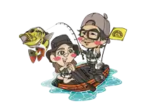 a cartoon drawing of a man and a woman fishing in a boat with a flag that says fishing tricks