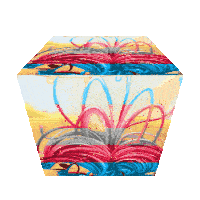 a cube with a red and blue flower design on it