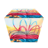 a cube with a red and blue flower design on it