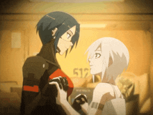 a couple of anime characters are standing next to each other with the number 512 in the background