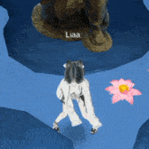a video game character named liaa is standing next to a statue