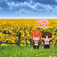 a couple of cartoon characters standing in front of a field of sunflowers with the words " love you with you " in pink