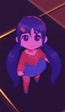 a little girl with blue hair is standing in a dark room .