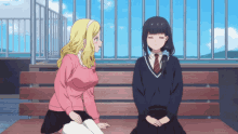 two anime girls are sitting on a wooden bench with their eyes closed