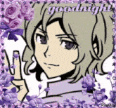 a picture of a man with purple flowers and the words goodnight