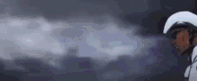 a person wearing a helmet and goggles is standing in front of a cloud of smoke .