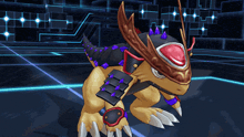a cartoon dragon with purple spikes and a red eye