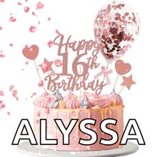 a pink cake with a happy 16th birthday topper on top