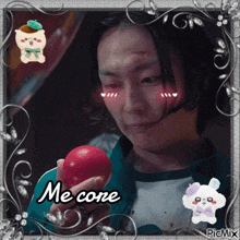 a picture of a woman holding a red apple with the words me cone below her