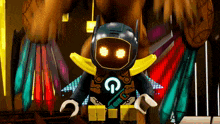 a lego robot with glowing eyes is standing in front of a tree