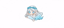 a drawing of a little girl with long white hair and a wreath of blue flowers on her head .