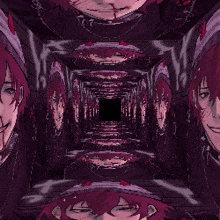 a drawing of a person with purple hair and red eyes