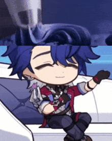 a cartoon character with blue hair is sitting on a couch with his eyes closed .