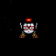 a pixel art of a robot with glasses and a red light on its head in a dark space .