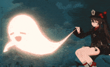 a girl is sitting on a rock with a ghost behind her and a caption that says scarymooches