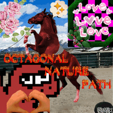 a picture of a horse with the words octagonal nature path below it