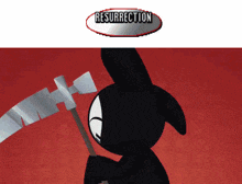 a cartoon character is holding a scythe and the word resurrection is above him