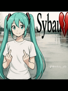 a cartoon of hatsune miku giving the middle finger with sybau written in the background