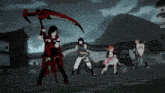 a group of cartoon characters are standing in a line with one holding a scythe