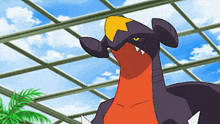a cartoon pokemon with a yellow head is standing in front of a glass roof .