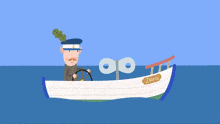 a cartoon of a man driving a blue boat named miss boo boo