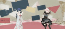 two anime girls are standing next to each other in front of a wall with chinese writing on it
