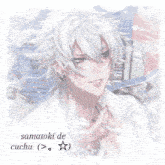 a white haired anime character with the name samatoki de cuchu on the bottom
