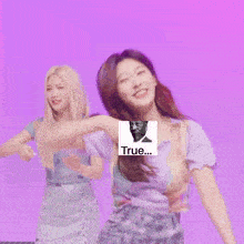 a woman in a purple shirt is dancing with her eyes closed on a purple background .