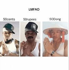 three pictures of a man wearing a la hat with the words 50 cents 50 rupees and 50 dong