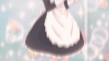 a girl in a maid costume is dancing in front of a pink background .