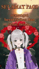 a girl in a purple jacket with the words selamat pagi semangat beraktivitas dan sehat selalu below her