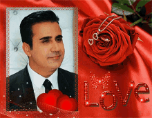 a picture of a man and a rose with the word love in the corner