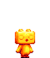 a pixel art drawing of a yellow cube with a red nose and eyes .