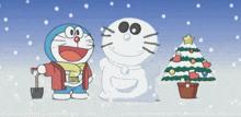 doraemon is standing next to a snowman and a christmas tree in the snow