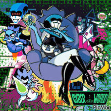 a cartoon of a man and a woman sitting in a chair surrounded by other characters .