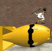 a cartoon character with a top hat is standing on a yellow bomb