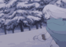 a girl with white hair and a blue cape is running through the snow
