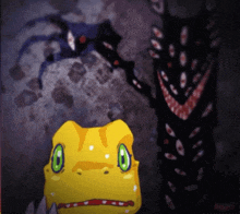 a yellow cartoon character with green eyes stands in front of a monster