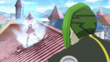a man with green hair is looking at a girl on a rooftop
