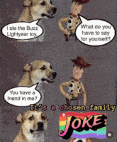 a picture of a dog talking to a toy story character