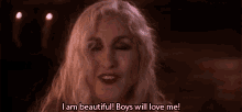 a woman with blonde hair and red lips is saying i am beautiful boys will love me