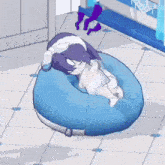 a cartoon character with purple hair is laying on a blue bean bag chair