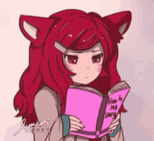 a girl with cat ears is reading a book titled how to say soory