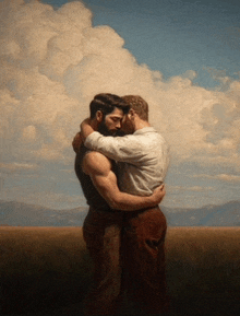 a painting of two men hugging each other in a field