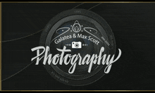 a logo for galatea and max scott photography with a camera lens