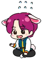a cartoon character with pink hair and bunny ears is sitting on the floor