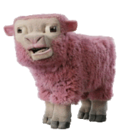 a pink sheep with a white face is standing on its hind legs