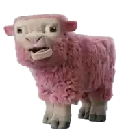 a pink sheep with a white face is standing on its hind legs