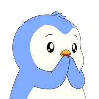 a blue and white penguin with a yellow beak is smiling